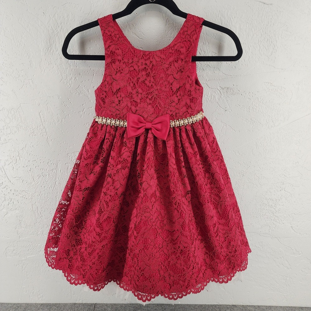 American Princess Red Lace Pearl Belt Bow Back Formal Party Dress Girls Size 7